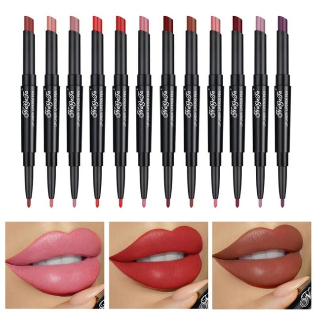 12 Colors Double Lipstick Pen Waterproof Nude Semi Matte Lip Gloss  Lip Balm Sexy Red Lip Tint Women Makeup Gift TSLM2