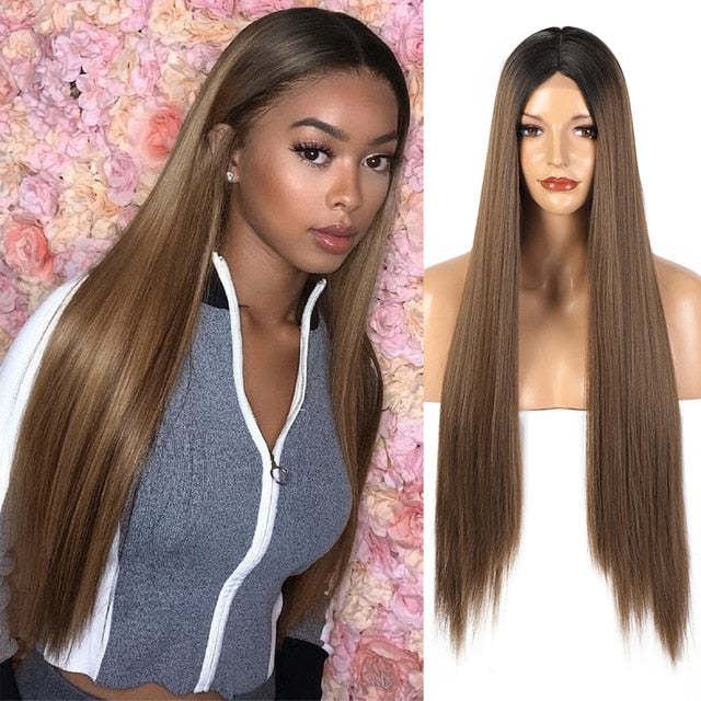 AISI HAIR Long Straight Black Wig Synthetic Wigs for Women Natural Middle Part Lace Wig Heat Resistant Fiber Natural Looking Wig