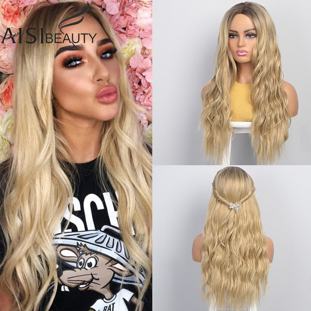 AISI BEAUTY Long Wavy Womens Wig Natural Part Side Hair Ombre Synthetic Wigs Platinum/Blonde/Black Wigs Heat Resistant for Women