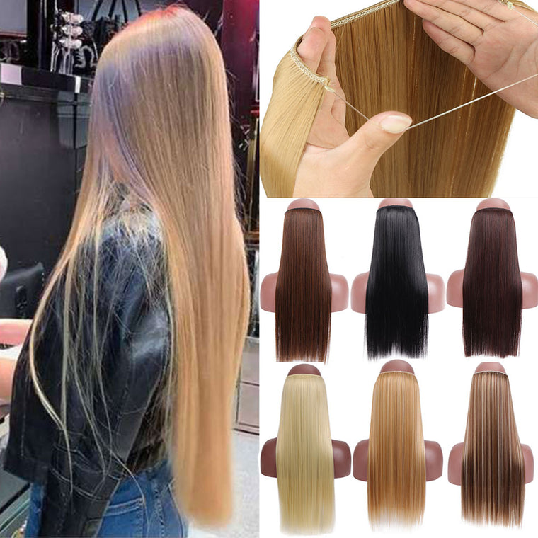 SHANGKE No Clips In Straight Hair Extensions Invisible Ombre Bayalage Synthetic Natural Flip Hidden Secret Wire Crown Grey Pink